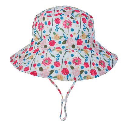 Breathable kids' sun hat with UPF 50+ UV protection, adjustable strap, in a cute shark pattern