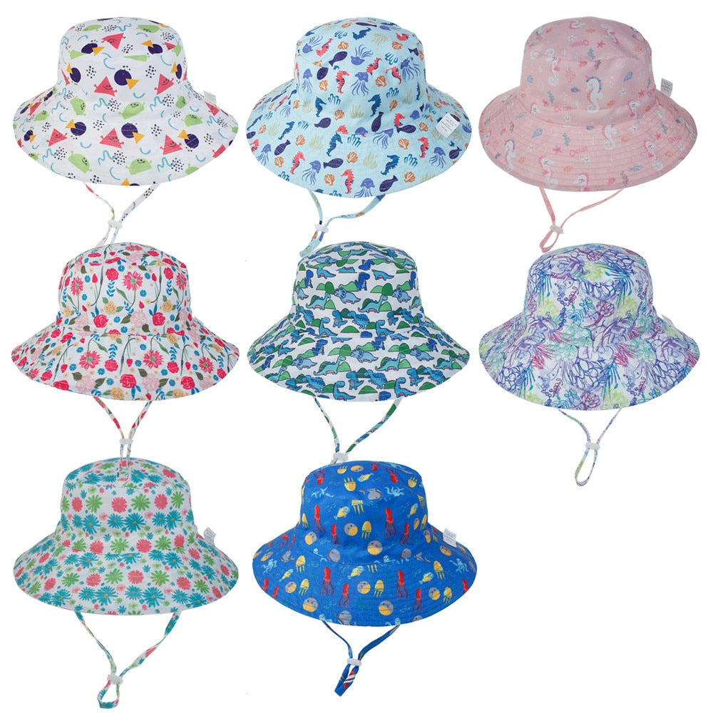 Outdoor kids' sun hat, yellow with honeybee motif, adjustable cord, essential for UV protection