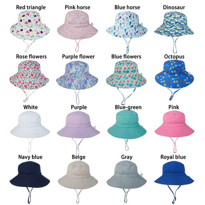 Toddler sun hat, bright orange with simple geometric shapes, adjustable, breathable for UV protection