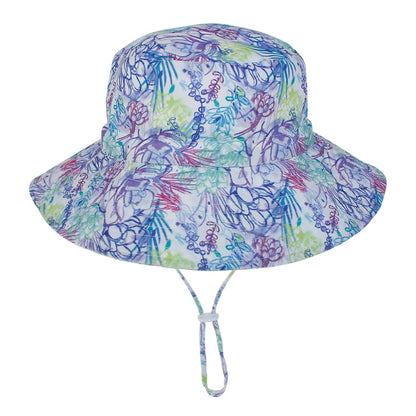 Toddler sun hat, purple with flower print, wide brim, adjustable, offering excellent UV protection