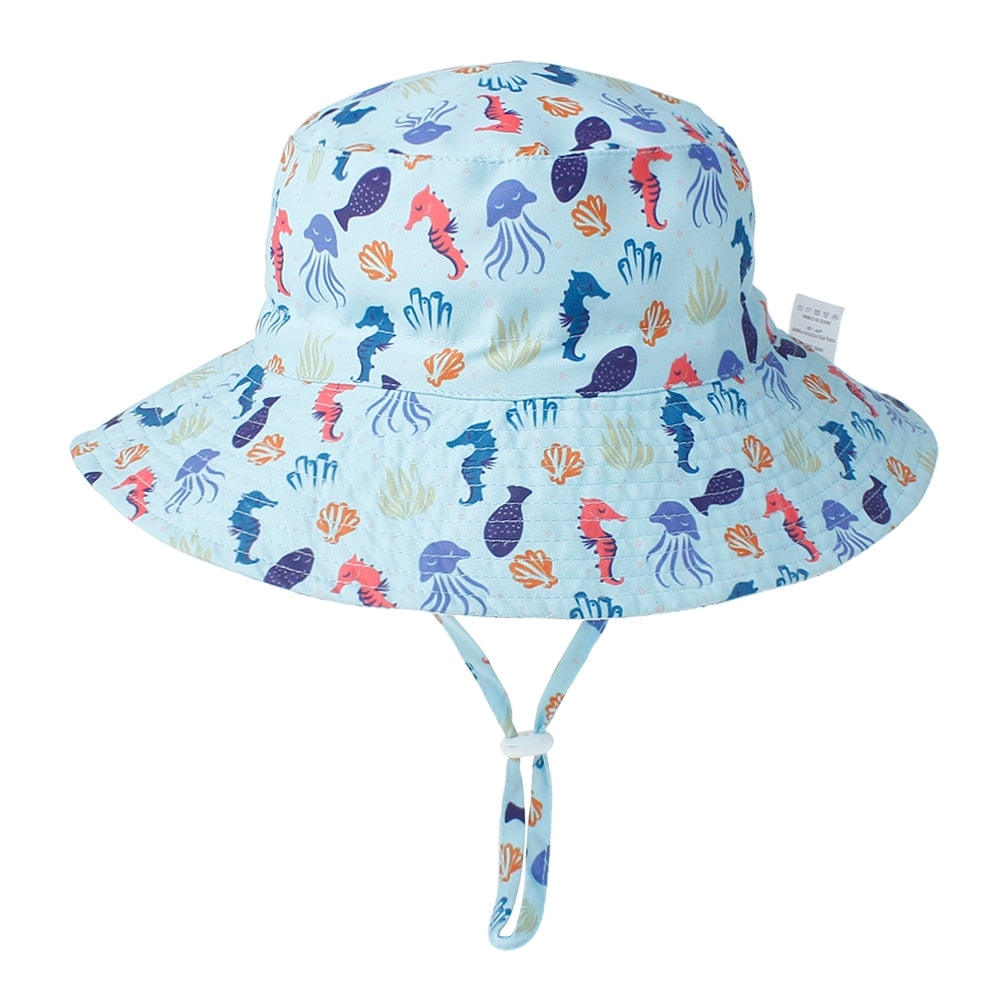 Children's fashion sun hat, blue with dinosaur design, breathable, adjustable for optimal UV protection