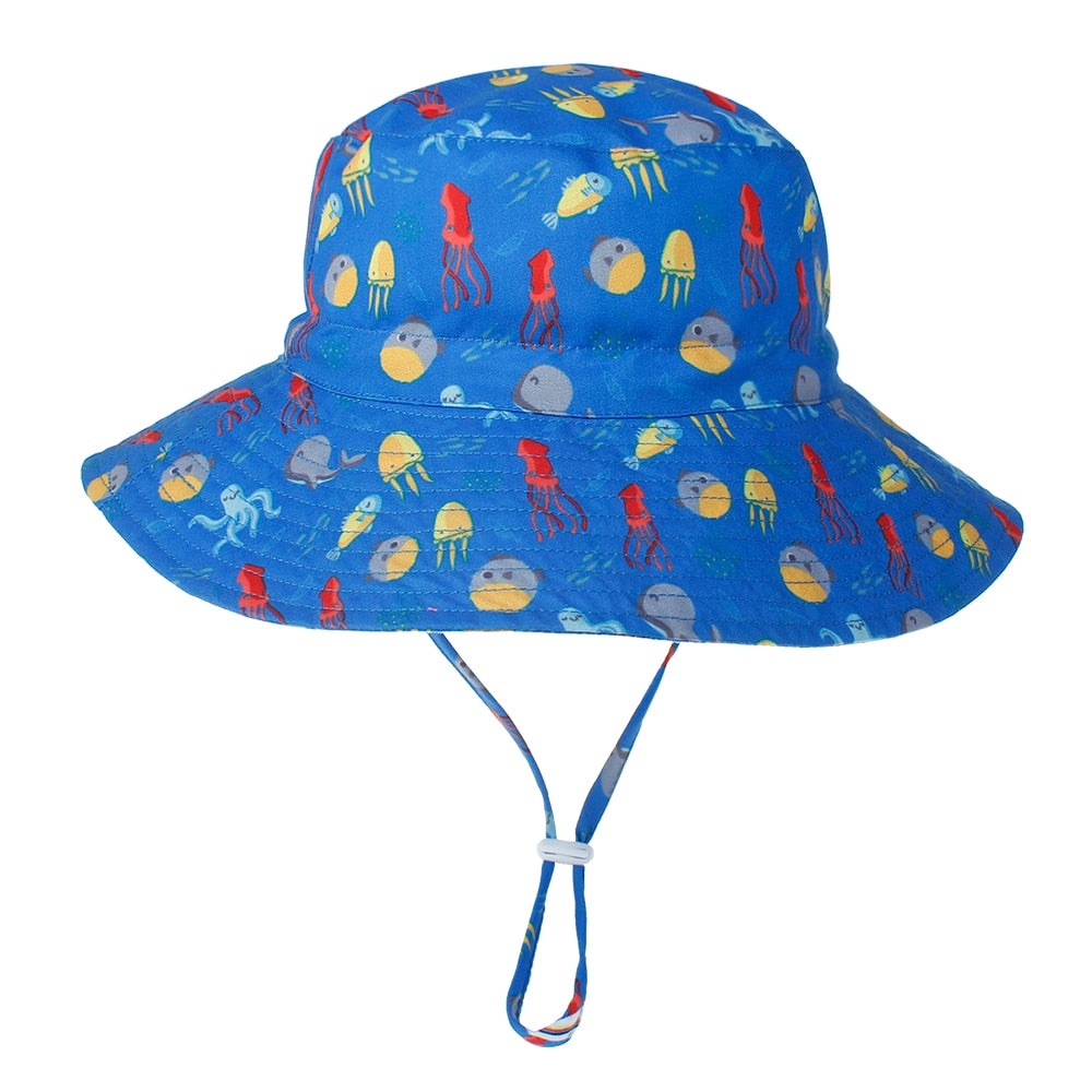 Kids' adjustable sun hat in vibrant orange, featuring a cheerful sun graphic, provides UV protection