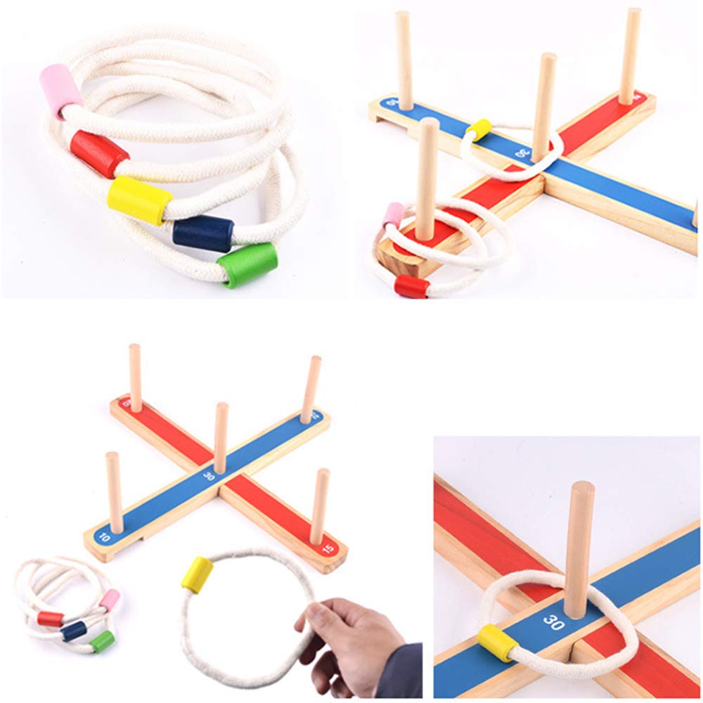 Children playing with an outdoor ring toss game, a classic wooden educational toy