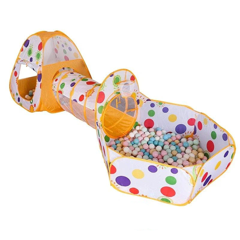 Toddler enjoying quiet time inside a colorful portable play tent, perfect for indoor play areas.