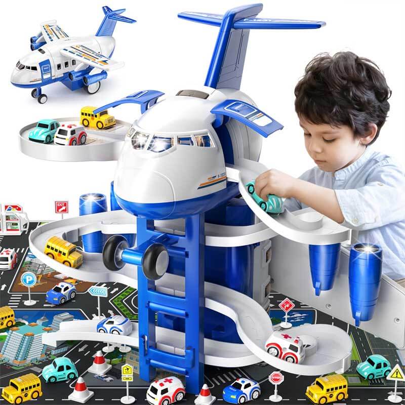 Kids' Airplane Toy with Car Track & Play Mat Set, educational toddler vehicle toy