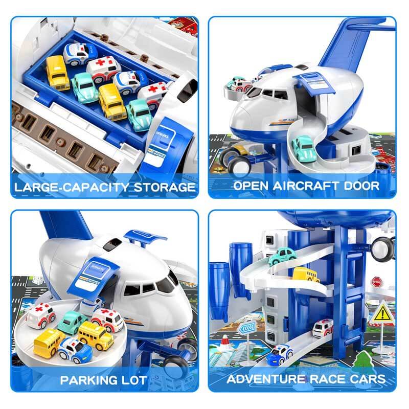 Toy airplane with bright car track, part of a kids play set, gift for toddlers