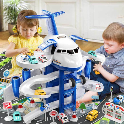 Detailed airplane toy on a vibrant play mat with car tracks, a children's vehicle toy