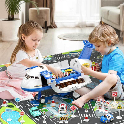Top-down view of kids' airplane toy with car track and play mat, educational fun