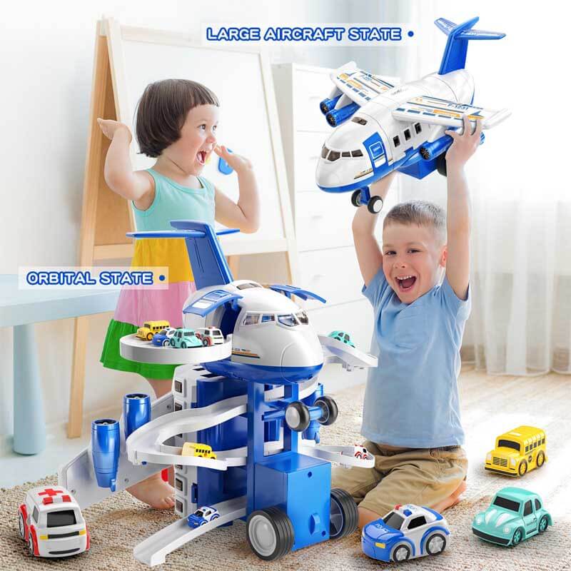 Gift for kids: airplane toy, car track & play mat set promotes creative vehicle play