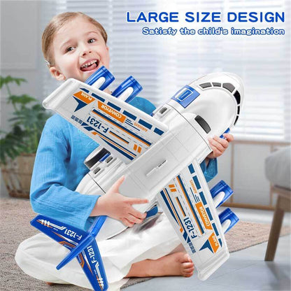 Airplane toy and multiple toy cars on an expansive play mat, complete kids play set