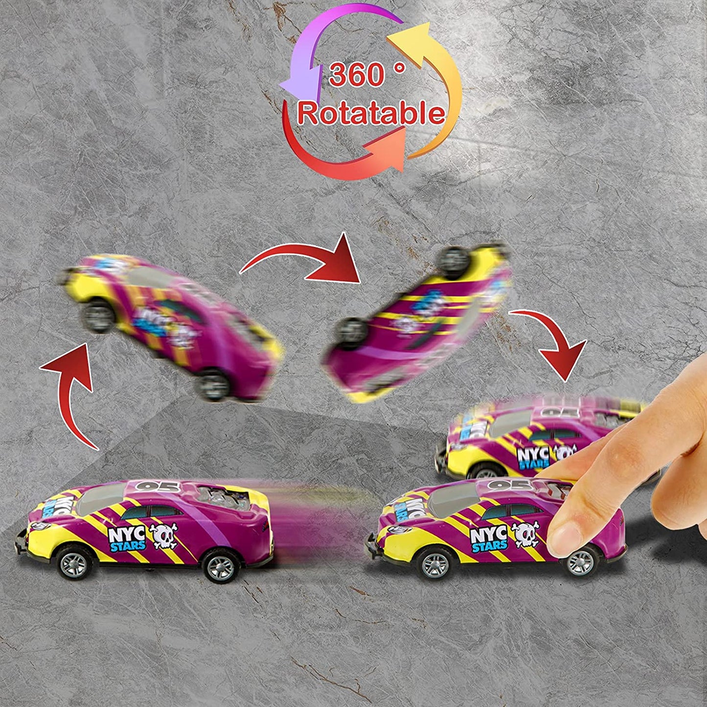 Two Flip & Jump Stunt Toy Cars mid-air, showcasing exciting action for children's gift