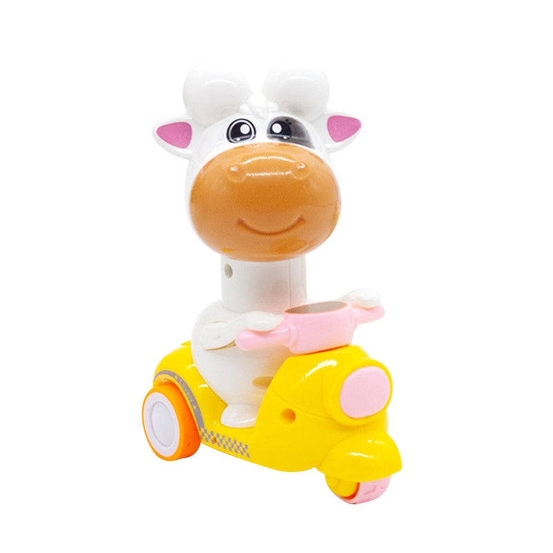 Bright yellow animal motorcycle toy car, pig rider, easy push & go mechanism for young kids