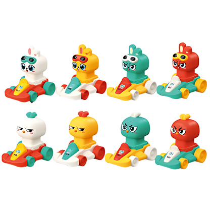Close-up of vibrant animal-themed push button go-cart toy, perfect gift for young kids
