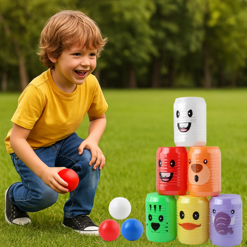 Kids' Animal Target Toss Game with colorful animal cans for indoor active fun, perfect for party game entertainment