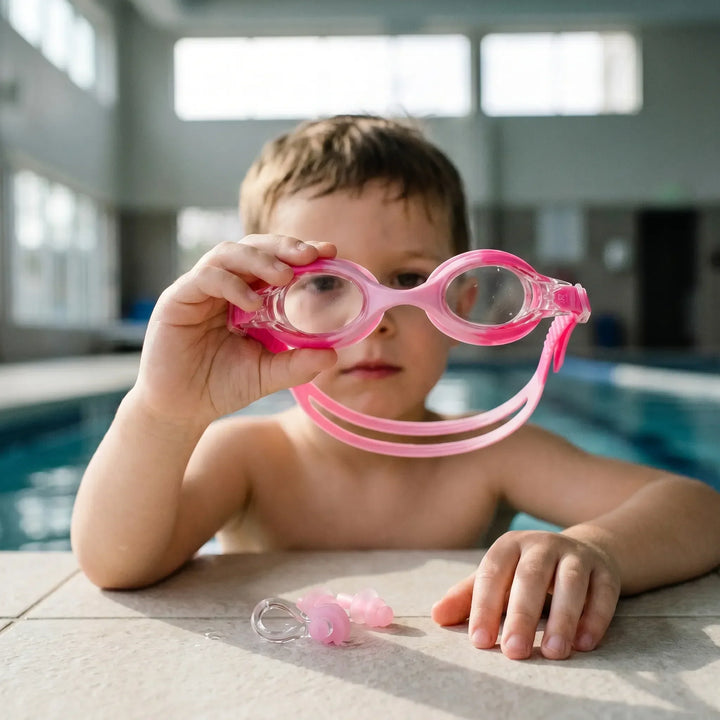 Kids' anti-fog swim goggles for crystal clear underwater vision; perfect for children's swimming lessons & pool fun.