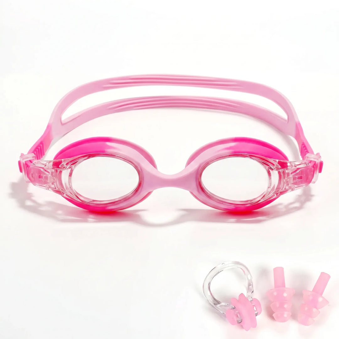 Brightly colored anti-fog swim goggles for kids, designed for comfortable, clear vision in the pool or water.