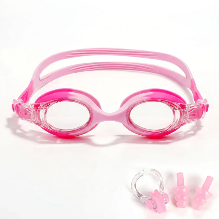 Brightly colored anti-fog swim goggles for kids, designed for comfortable, clear vision in the pool or water.