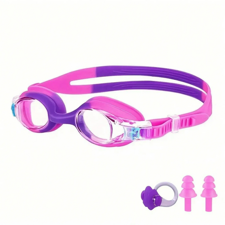Close-up of anti-fog kids' swim goggles, highlighting adjustable strap & clear lenses for children's swimming.