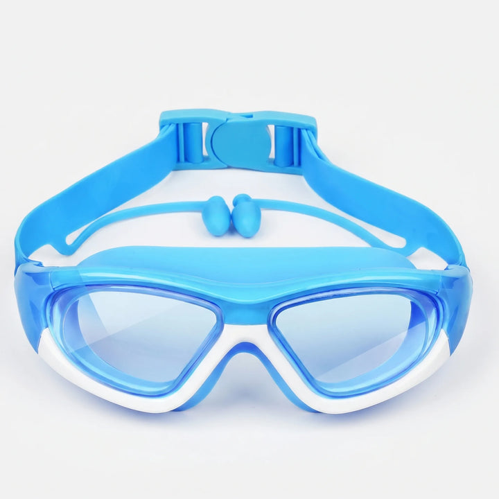 Close-up of kids' swim goggles showing integrated earplugs for junior swimmers' comfort & safety.