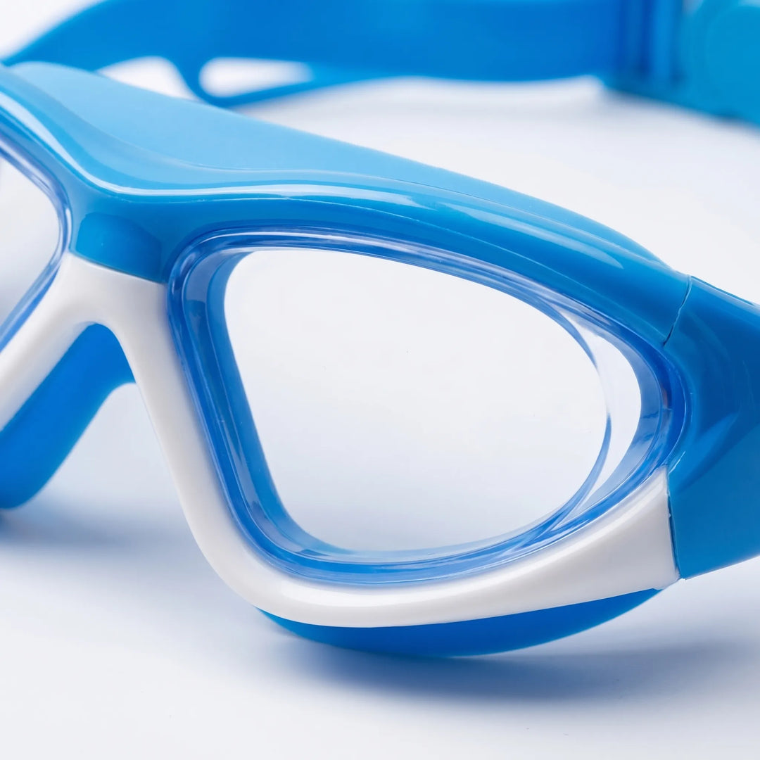 Front view of kids' anti-fog swim goggles, highlighting UV protected lenses for clear underwater vision.