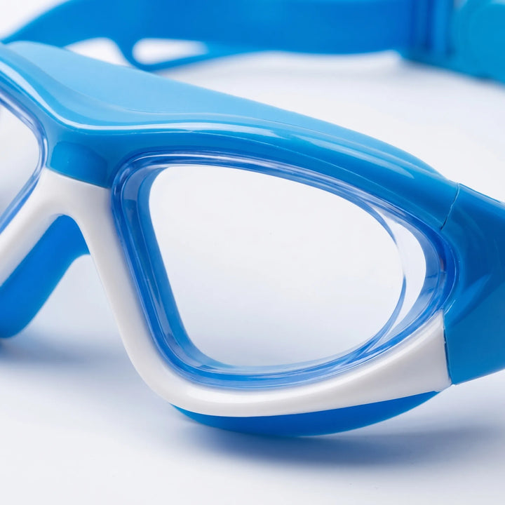 Front view of kids' anti-fog swim goggles, highlighting UV protected lenses for clear underwater vision.