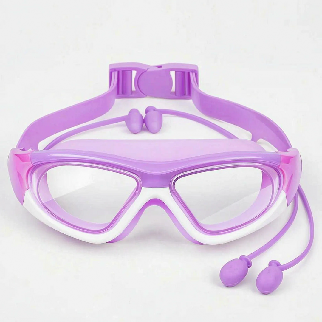 Child wearing anti-fog swim goggles with earplugs, ready for comfortable pool swimming.