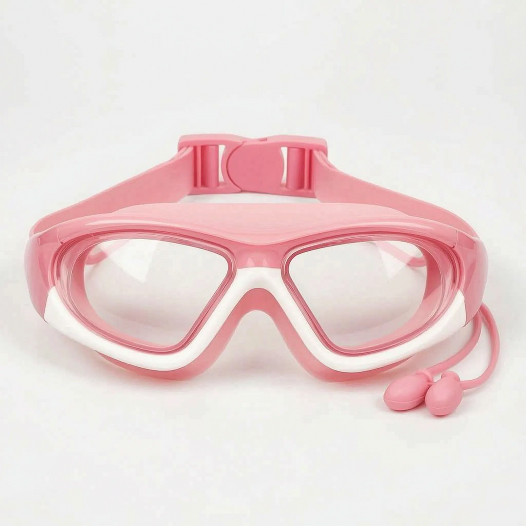 Kids' swim goggles set: anti-fog, UV protection, & integrated earplugs for junior swimmers' pool fun.
