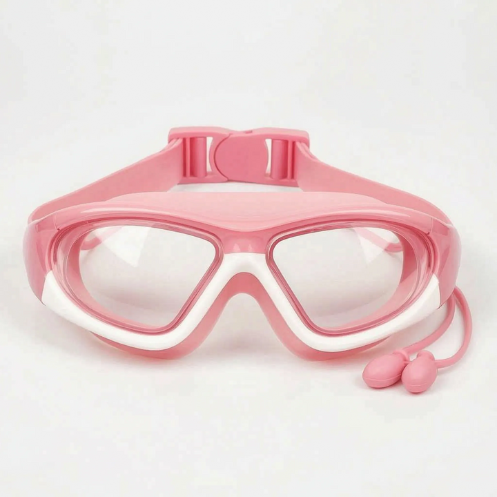 Kids' swim goggles set: anti-fog, UV protection, & integrated earplugs for junior swimmers' pool fun.