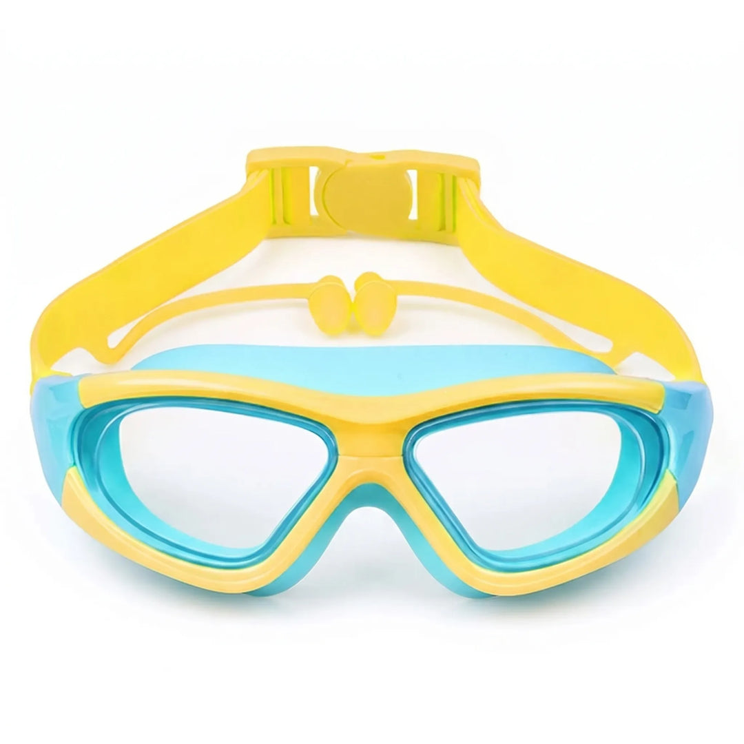 Colorful kids' anti-fog swim goggles with earplugs, offering UV protection & comfort for junior swimmers.
