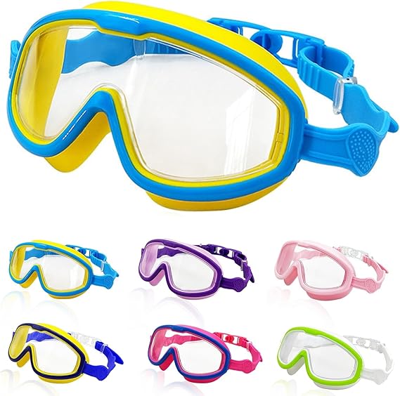 Multi-color pack of kids' anti-fog UV protection swimming goggles for various choices.