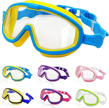 Multi-color pack of kids' anti-fog UV protection swimming goggles for various choices.
