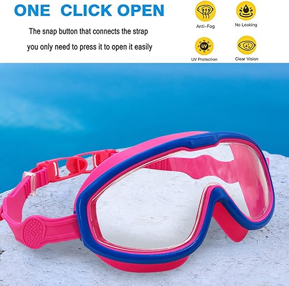 Children's swimming goggles with soft silicone gaskets for waterproof comfort and UV protection.