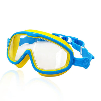 Blue children's swimming goggles with anti-fog lenses and UV protection for young swimmers.