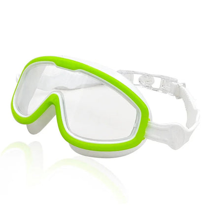 Close-up of anti-fog swimming goggles for children, showing adjustable nose bridge and strap.