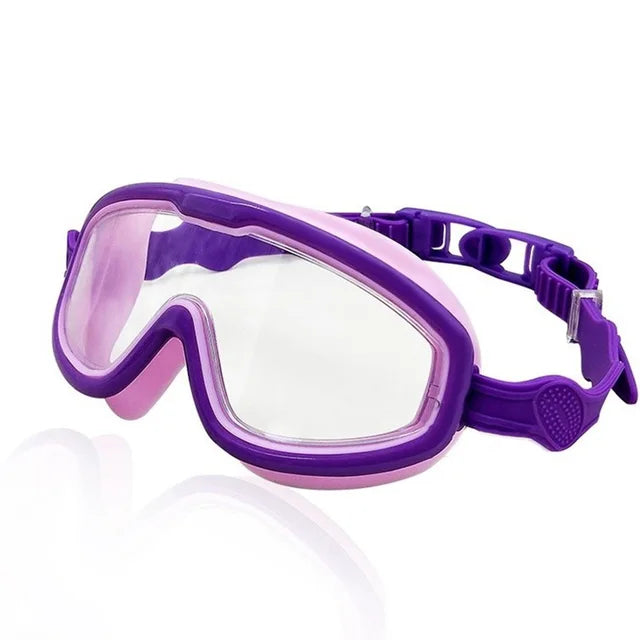 Side view of kids' swimming goggles, highlighting the UV protection and comfortable fit.