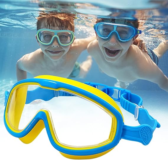Green anti-fog swimming goggles for kids, designed for clear underwater vision and sun safety.