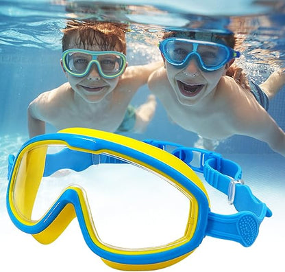 Green anti-fog swimming goggles for kids, designed for clear underwater vision and sun safety.