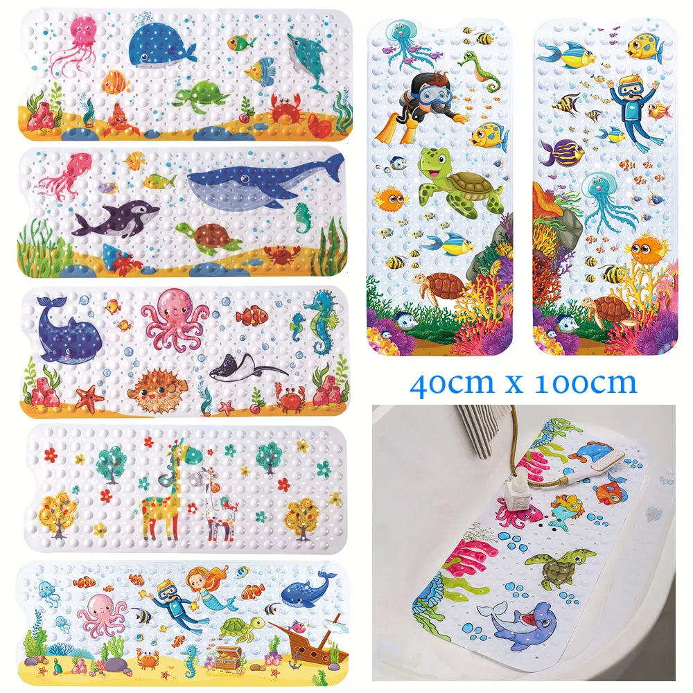 Kids' anti-slip PVC bath mat with colorful cartoon animals for safe, fun bathing