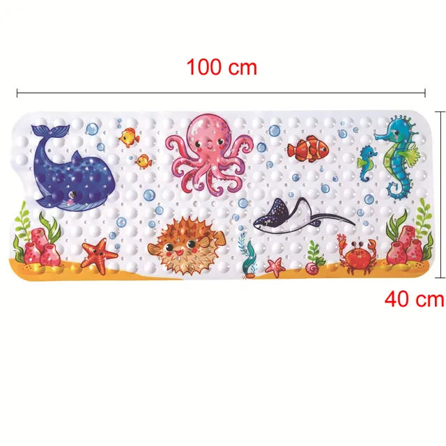 Collection of anti-slip kids' bath mats, various cartoon PVC designs, baby safety focus
