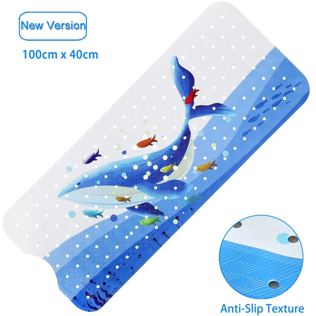 Kids' non-slip PVC bath mat with smiling cartoon sun and clouds, essential bathroom accessory