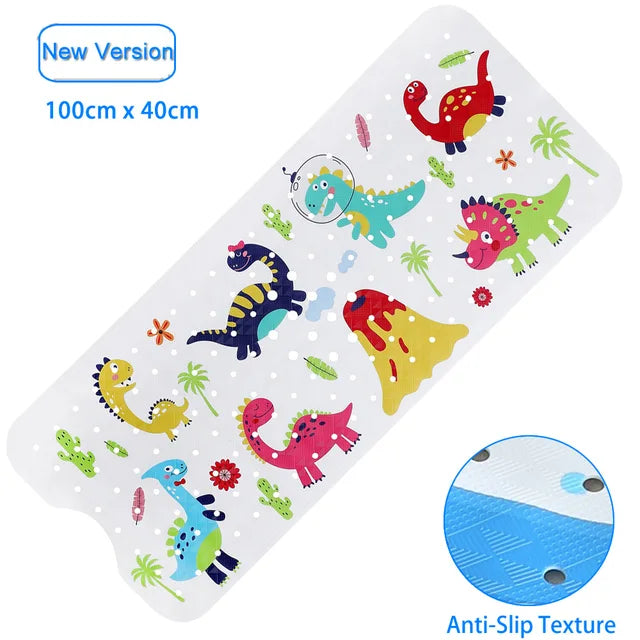 Close-up of suction cups on back of anti-slip PVC kids' bath mat, cartoon top design