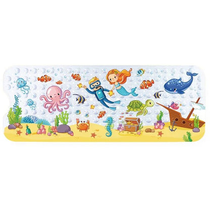 Bathroom decor featuring anti-slip kids' bath mat, cartoon jungle animals, child friendly