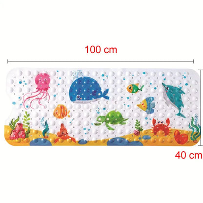 Child in tub with anti-slip PVC bath mat, cartoon design, promoting safe and happy bathing