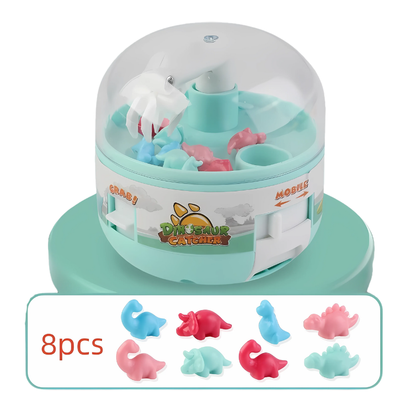 Close-up of the dinosaur game claw machine, showcasing mini dinosaur prizes inside