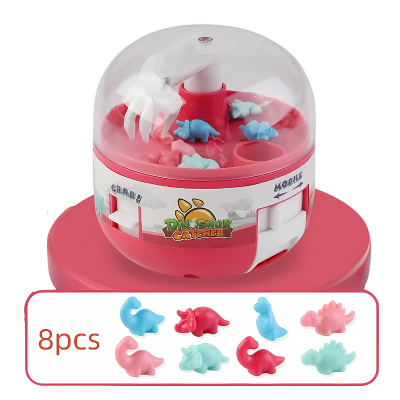 Promotional image of the kids' dinosaur claw machine, highlighting its interactive game features