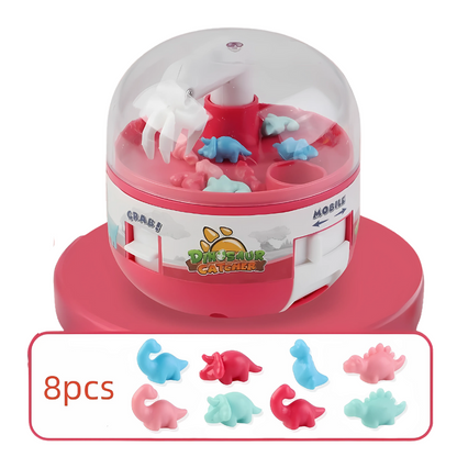 Promotional image of the kids' dinosaur claw machine, highlighting its interactive game features