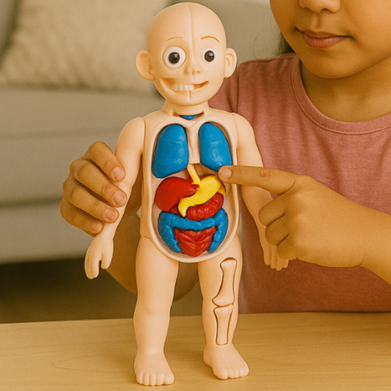 Kids assembling a colorful human anatomy STEM play set, learning about organs and body systems.