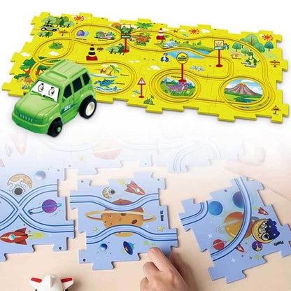Colorful interactive puzzle track electric car adventure toy for toddlers, fostering educational play.