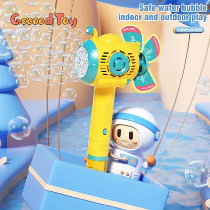 Kids' automatic bubble blower wand with LED lights, perfect for outdoor play & parties