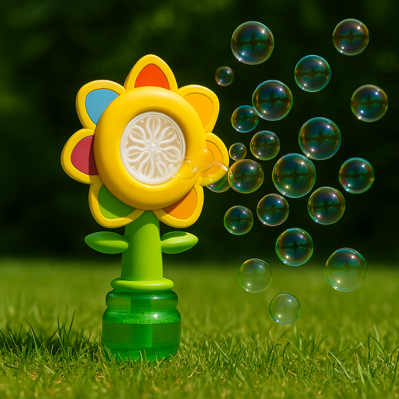 Kids' automatic bubble flower machine creating a stream of bubbles for outdoor fun